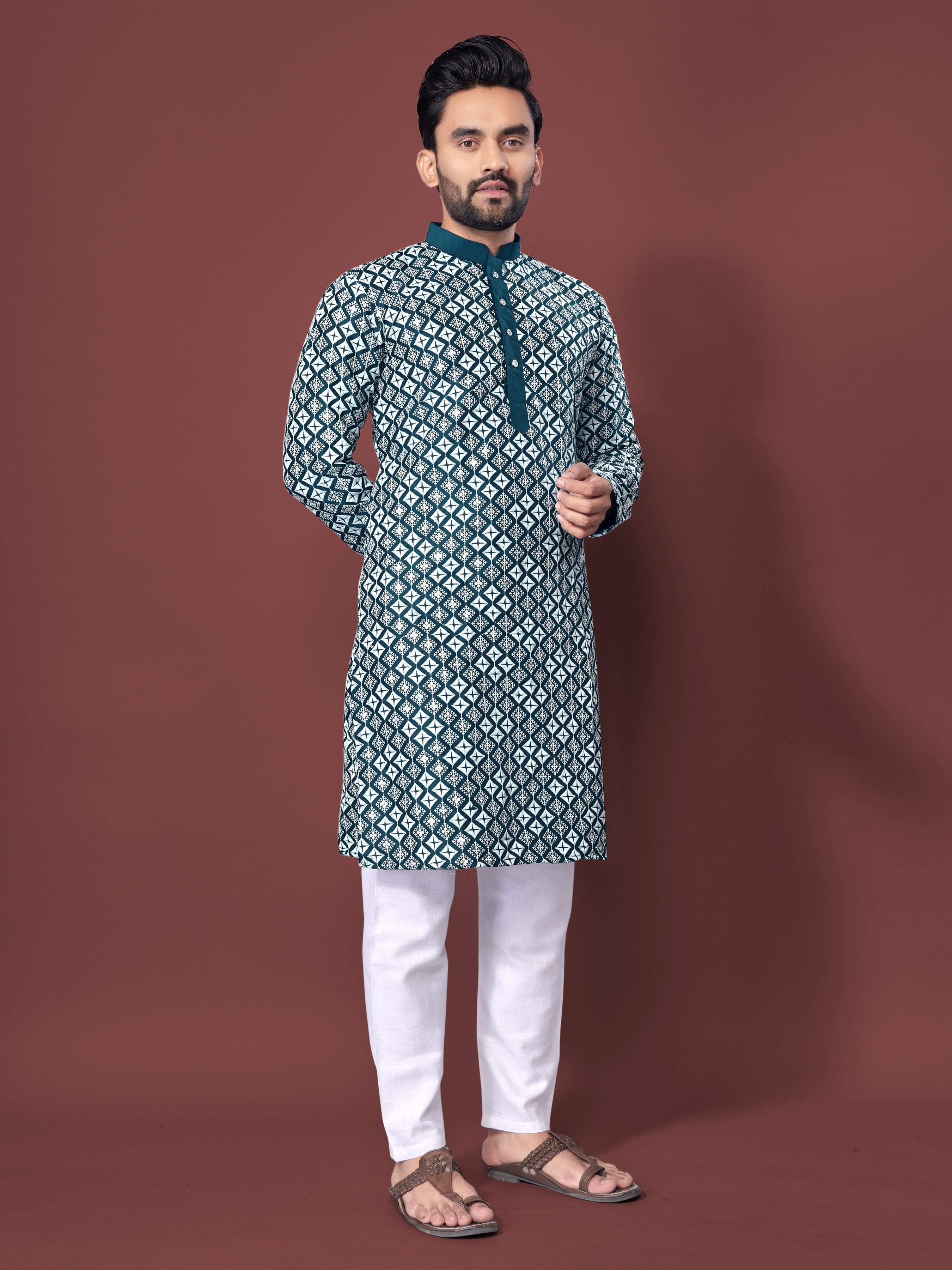 Heavy Work Men's Kurta Pajama In Teal Soft Silk With Sequence Embroidery