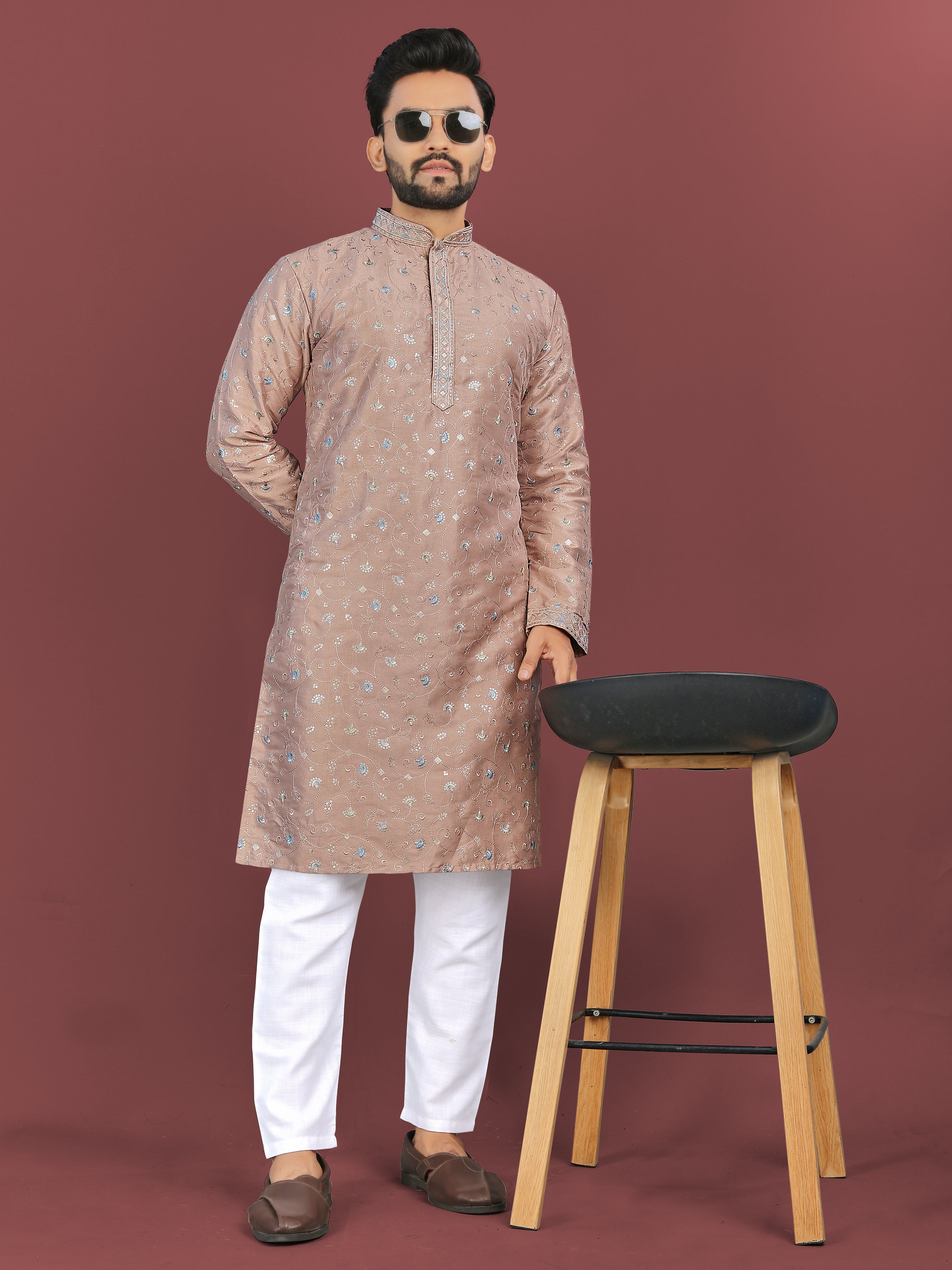 Peach Wedding Mens Kurta Pajama In Silky Silk With Multi Embroidery Flower Work