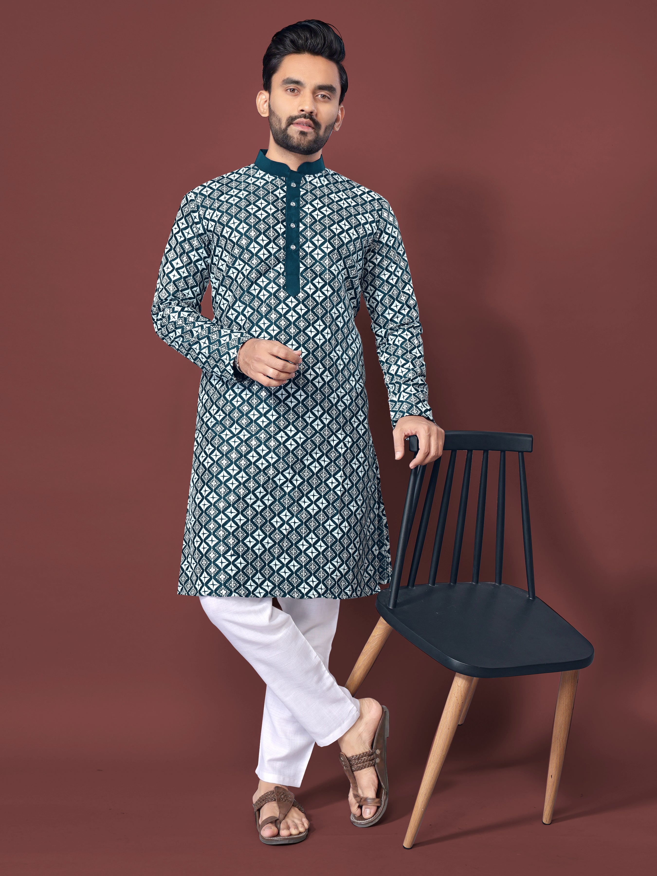 Heavy Work Men's Kurta Pajama In Teal Soft Silk With Sequence Embroidery