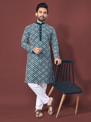 Heavy Work Men's Kurta Pajama In Teal Soft Silk With Sequence Embroidery