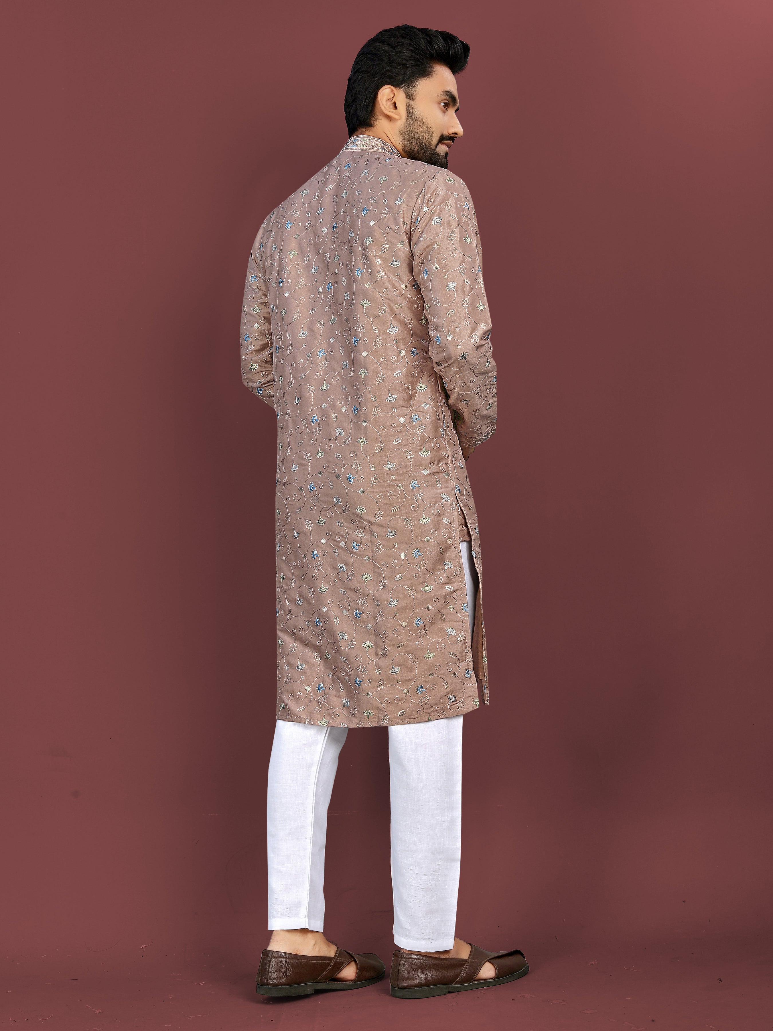 Peach Wedding Mens Kurta Pajama In Silky Silk With Multi Embroidery Flower Work