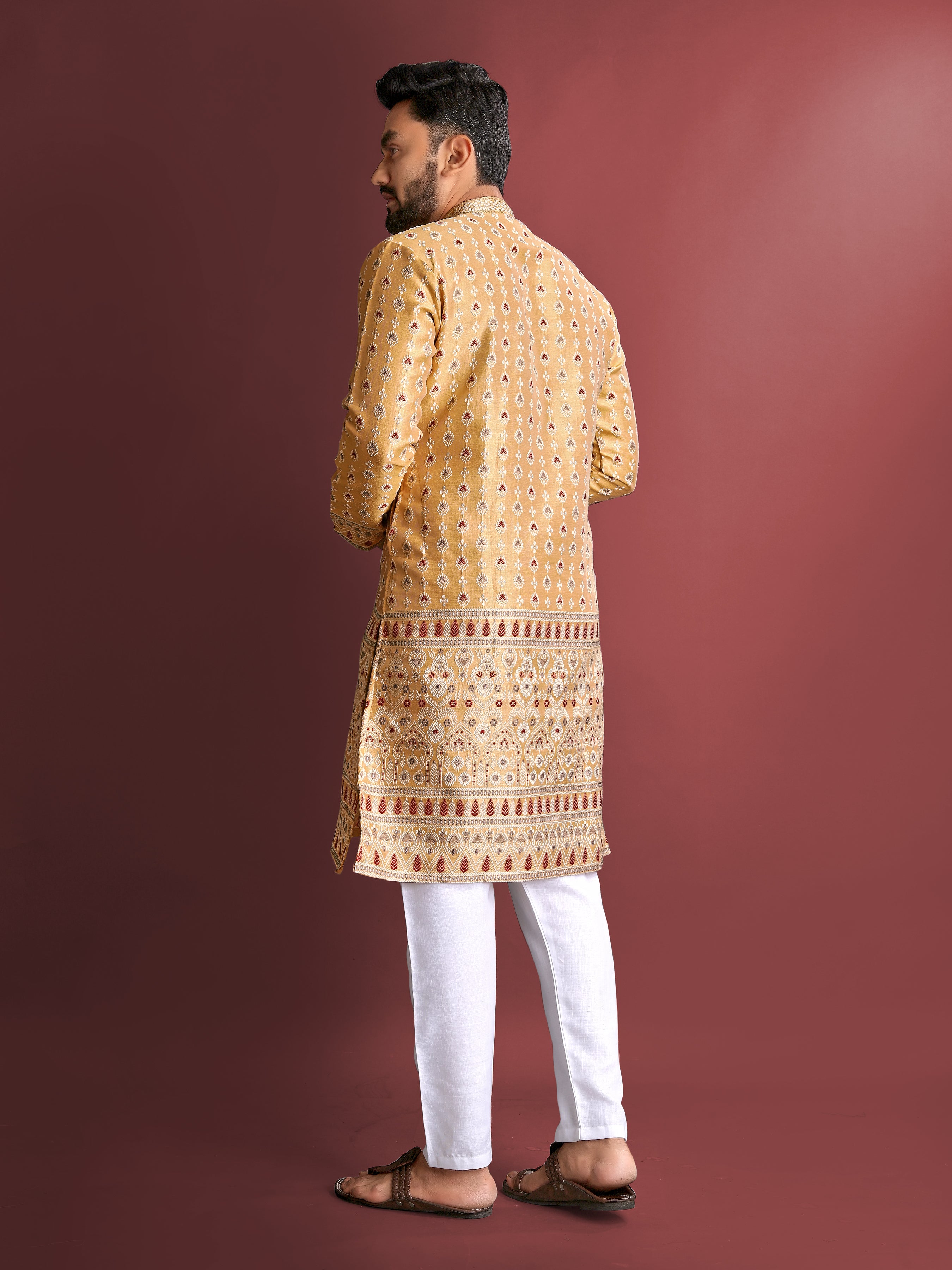 Mustard Wedding Mens Kurta Pajama In Jacquard With Heavy Embossed Work