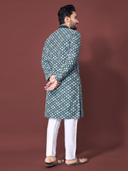 Heavy Work Men's Kurta Pajama In Teal Soft Silk With Sequence Embroidery