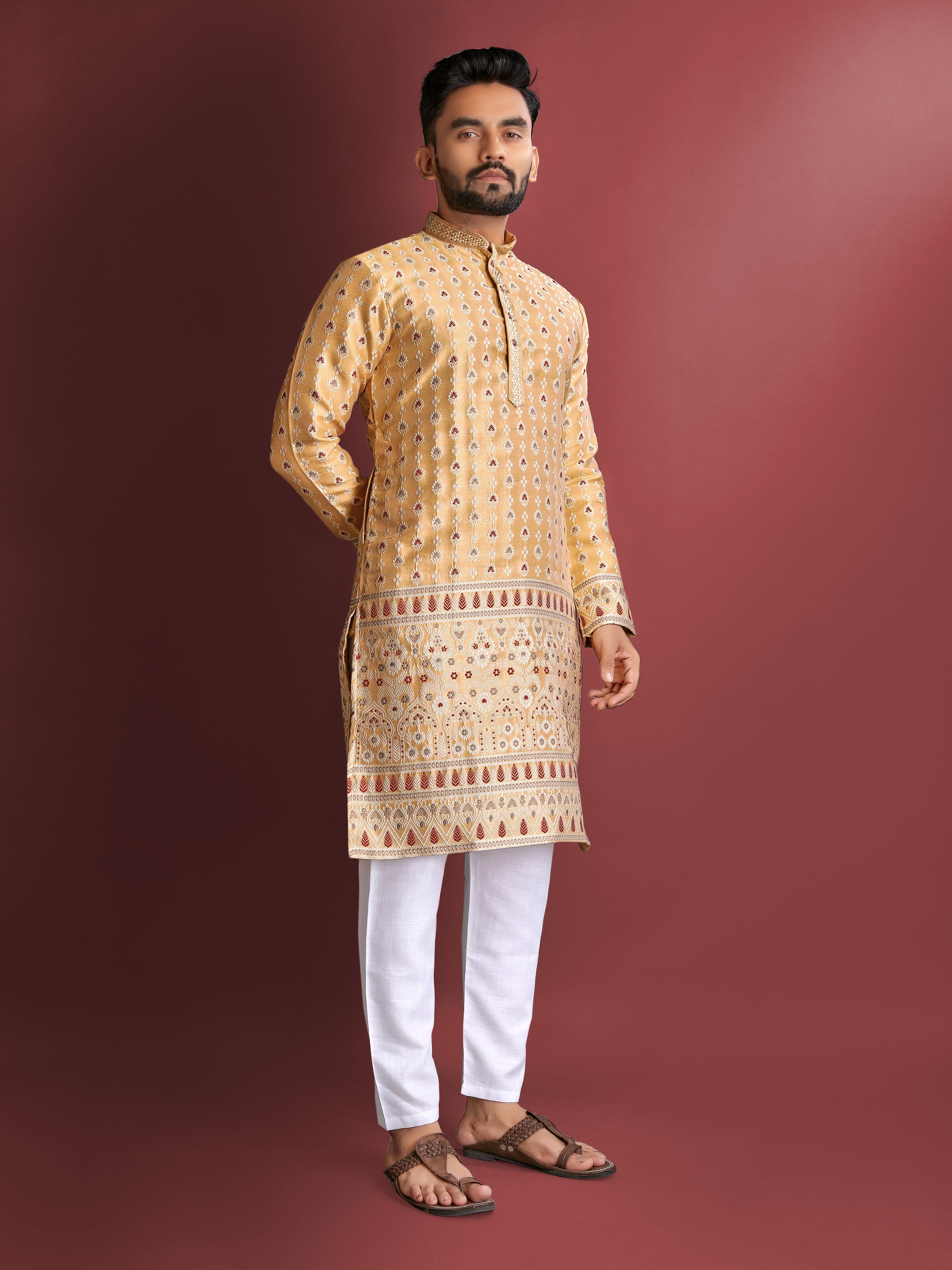 Mustard Wedding Mens Kurta Pajama In Jacquard With Heavy Embossed Work