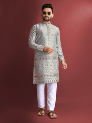 Grey Wedding Mens Kurta Pajama In Jacquard With Heavy Embossed Work
