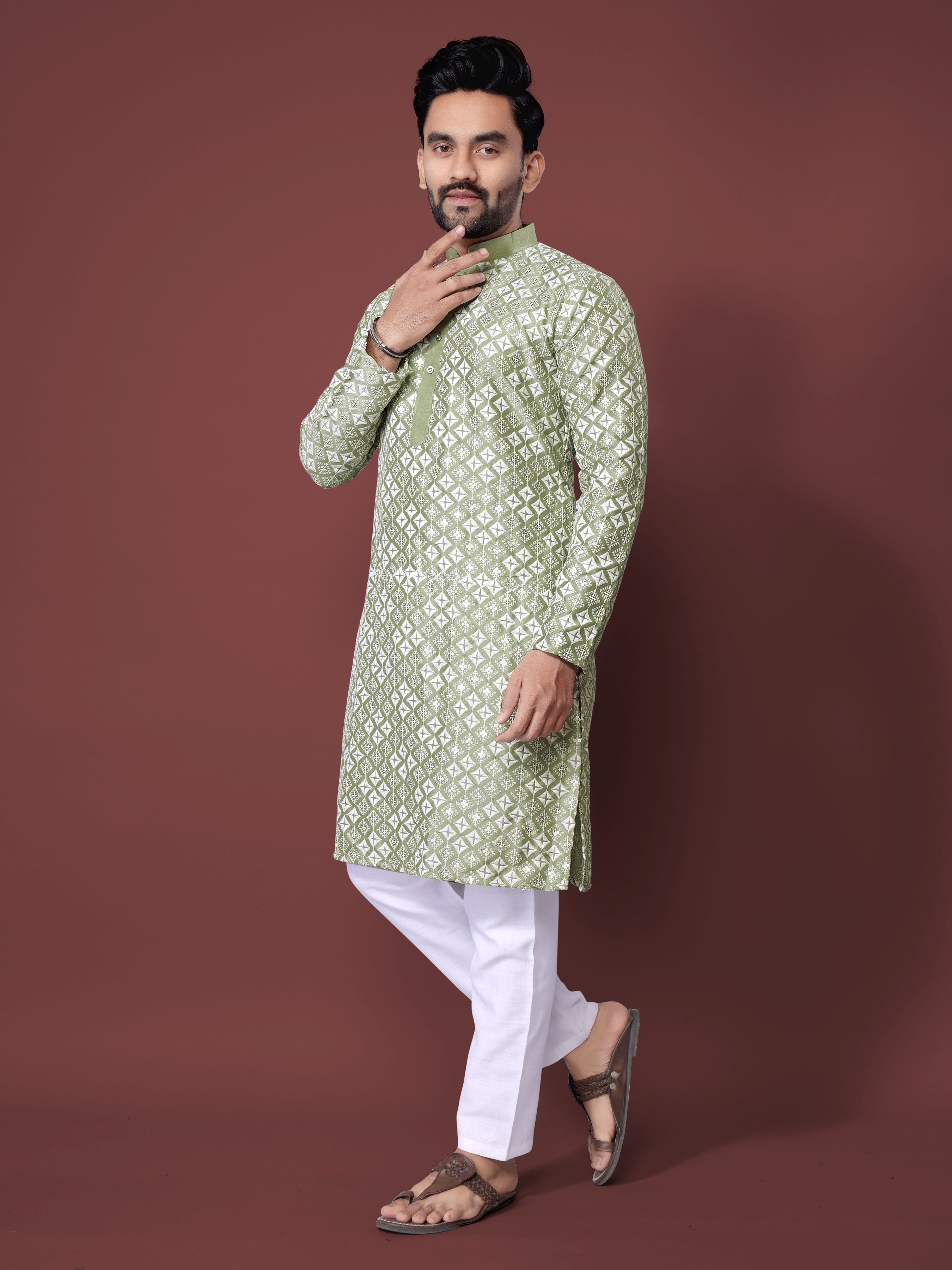 Heavy Work Men's Kurta Pajama In Pista Soft Silk With Sequence Embroidery