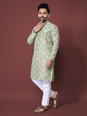 Heavy Work Men's Kurta Pajama In Pista Soft Silk With Sequence Embroidery