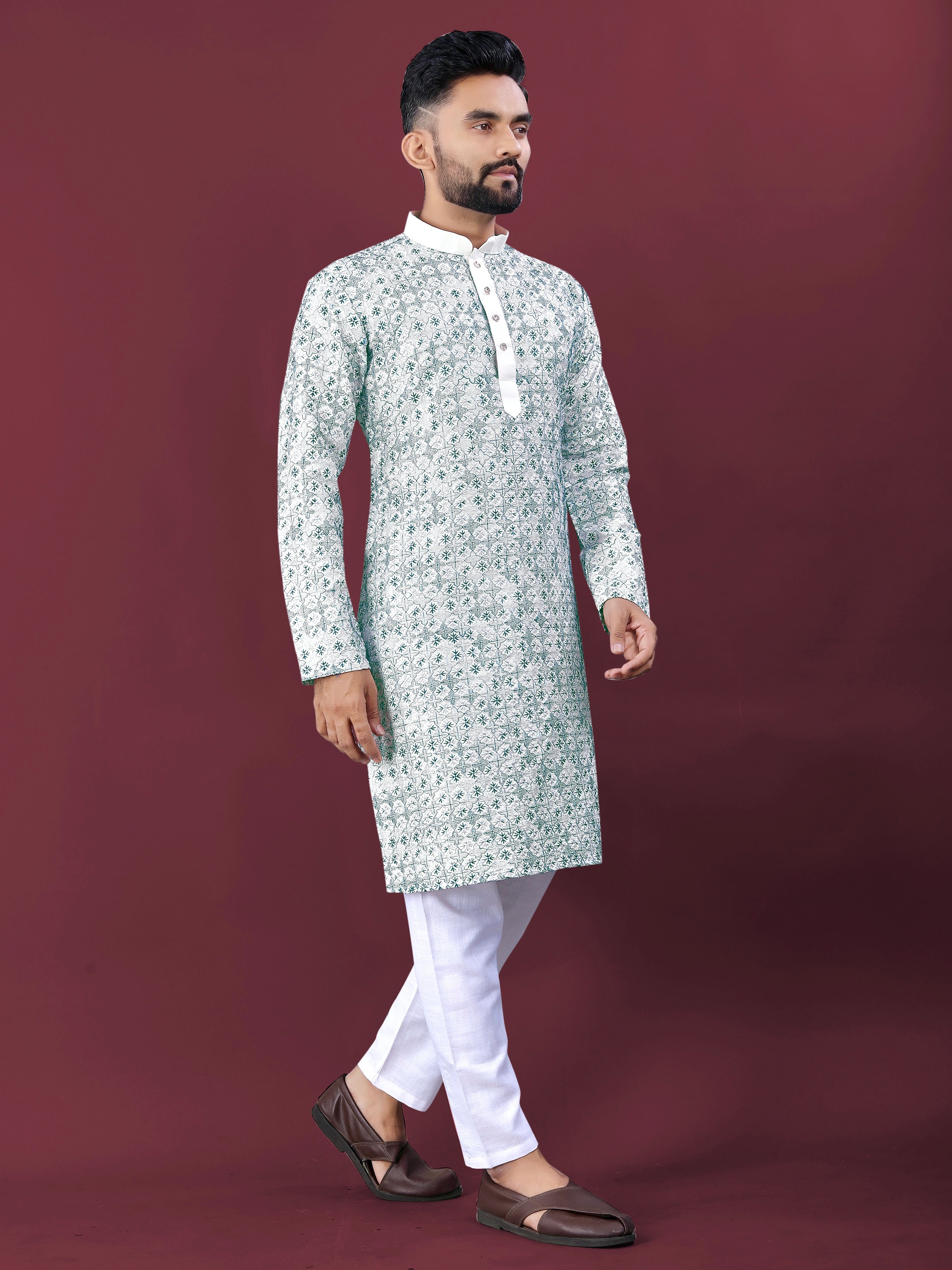 White Wedding Kurta Pajama For Men With Rama Thread Lucknowi And Sequence Work