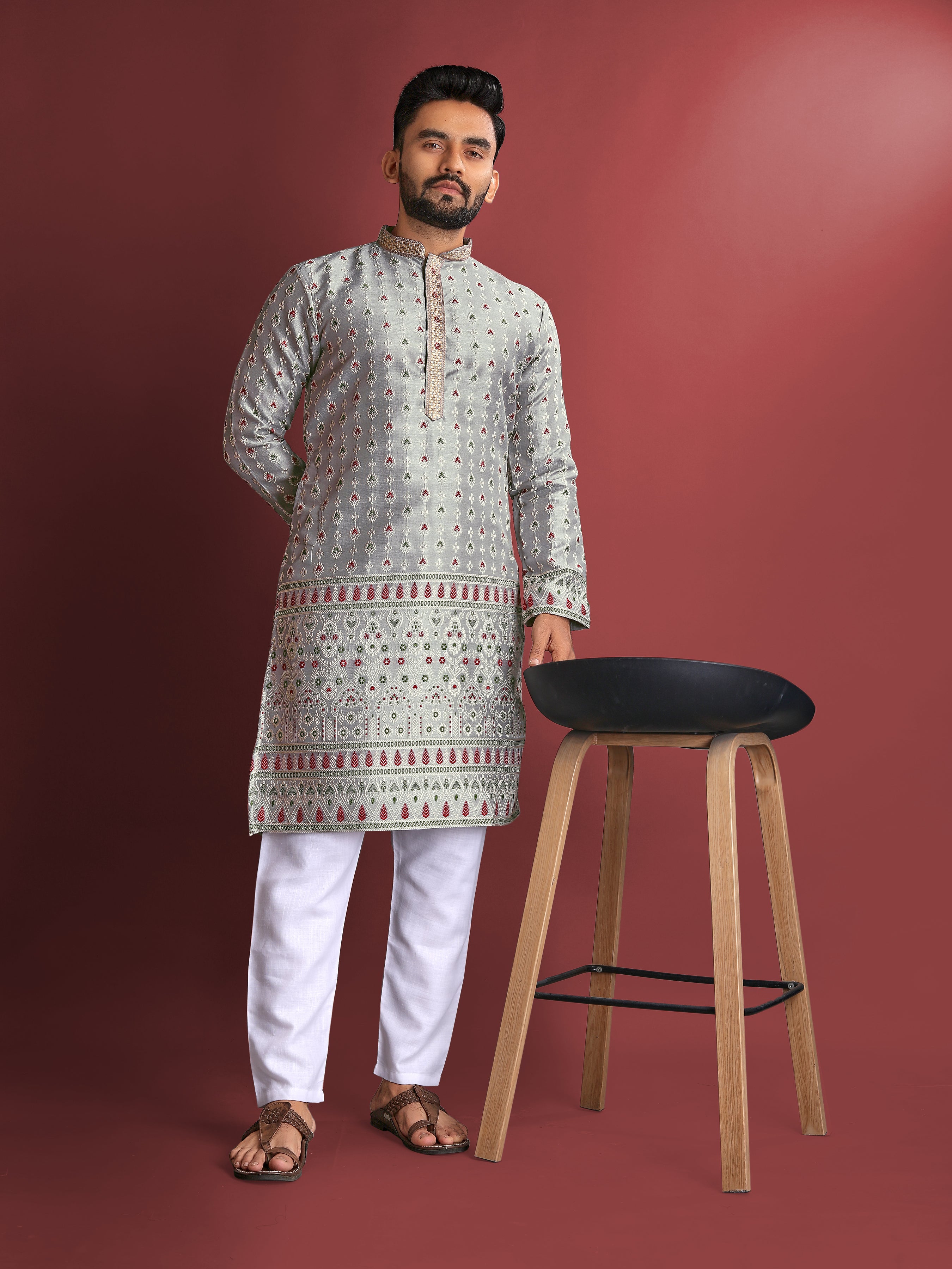 Grey Wedding Mens Kurta Pajama In Jacquard With Heavy Embossed Work
