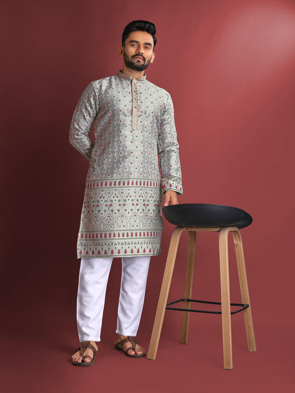 Grey Wedding Mens Kurta Pajama In Jacquard With Heavy Embossed Work