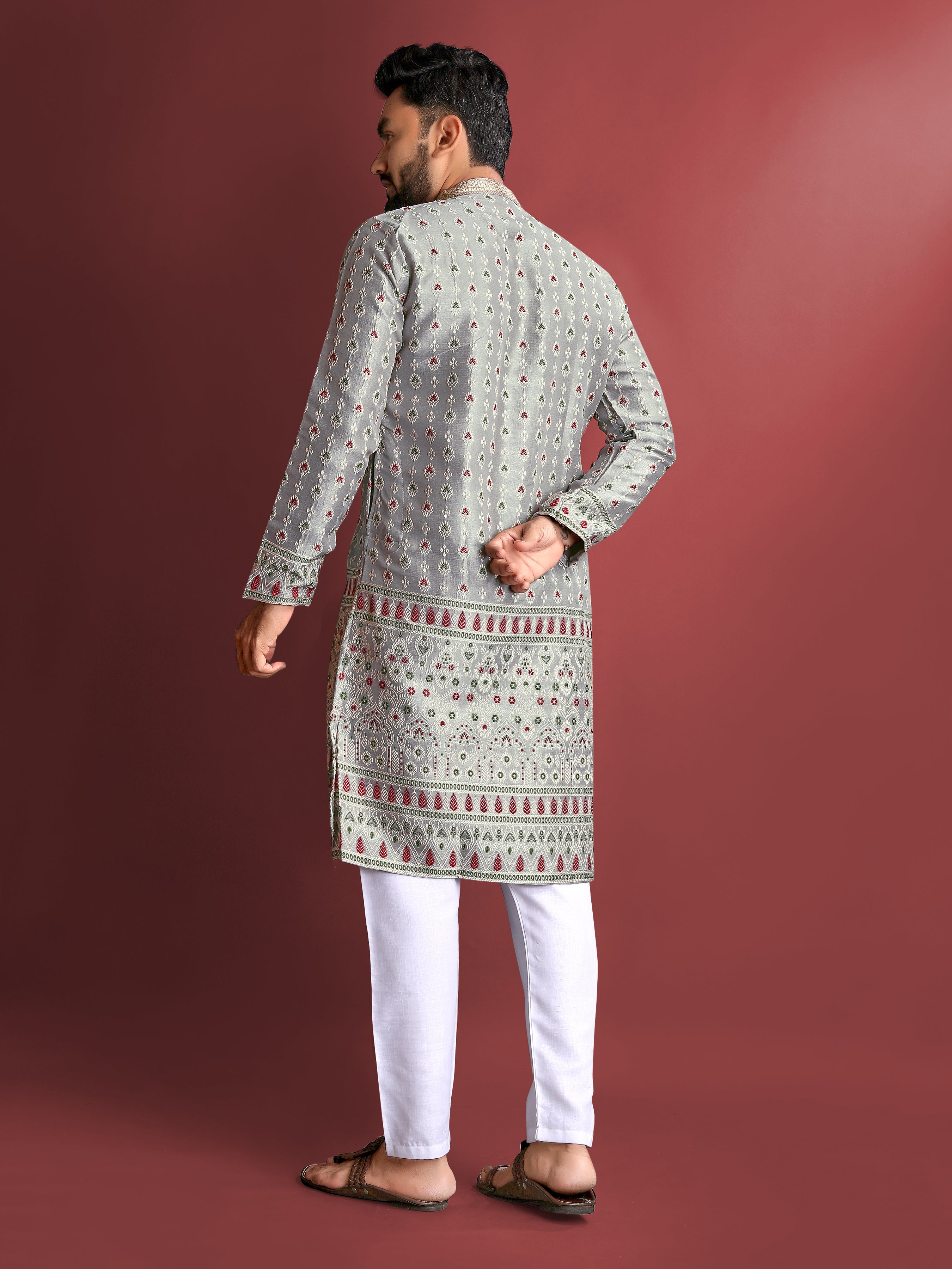 Grey Wedding Mens Kurta Pajama In Jacquard With Heavy Embossed Work