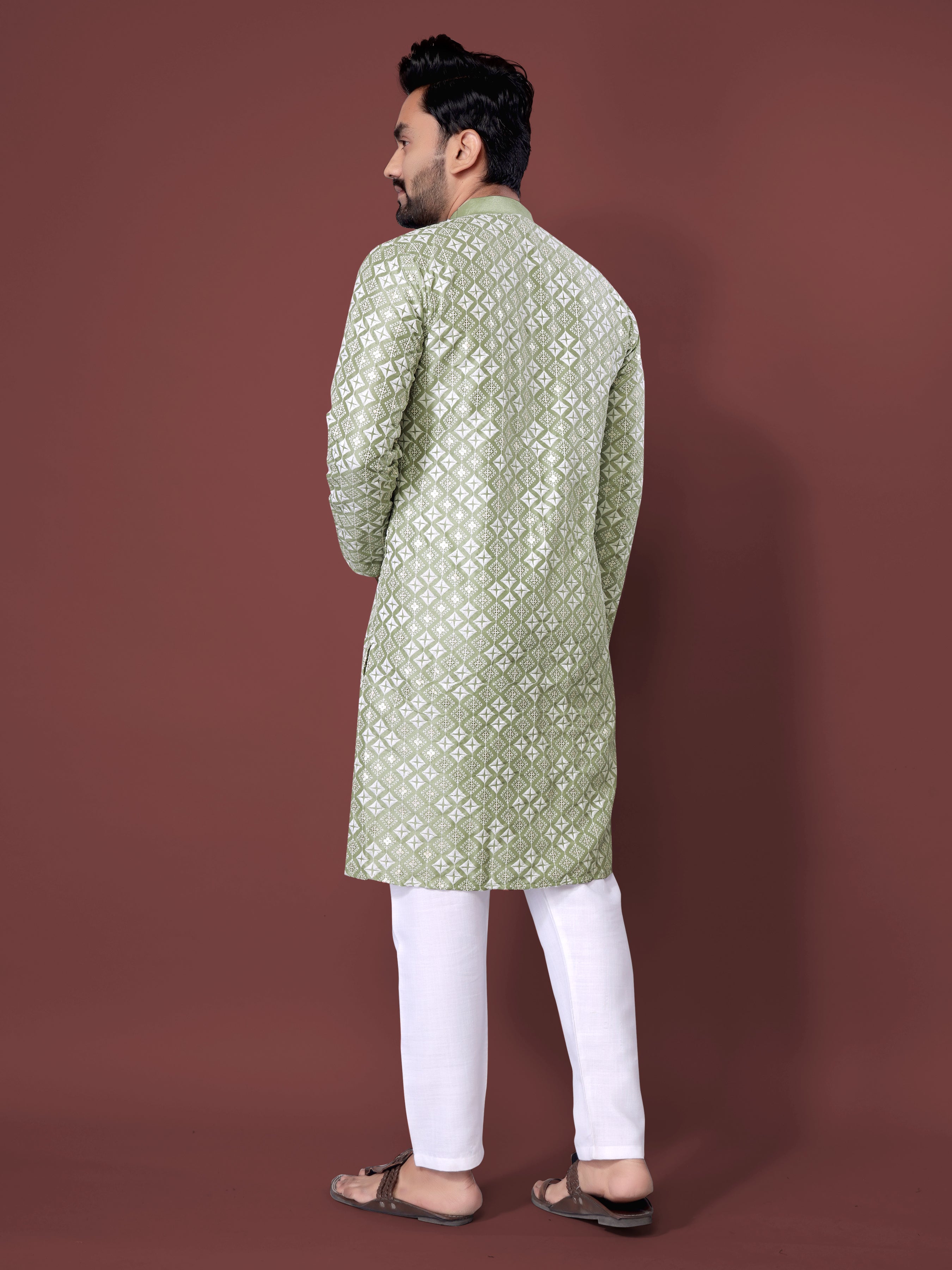 Heavy Work Men's Kurta Pajama In Pista Soft Silk With Sequence Embroidery