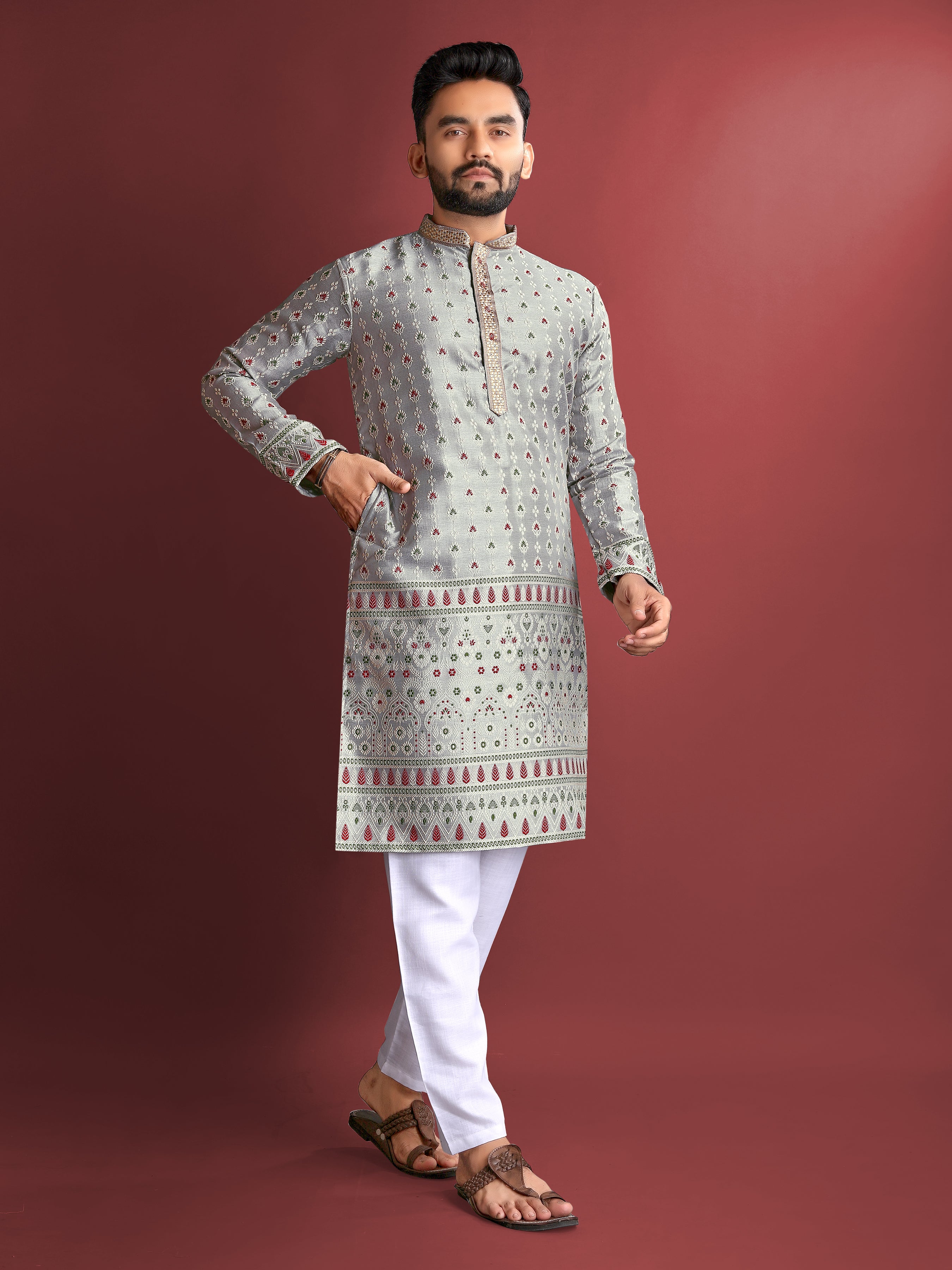 Grey Wedding Mens Kurta Pajama In Jacquard With Heavy Embossed Work