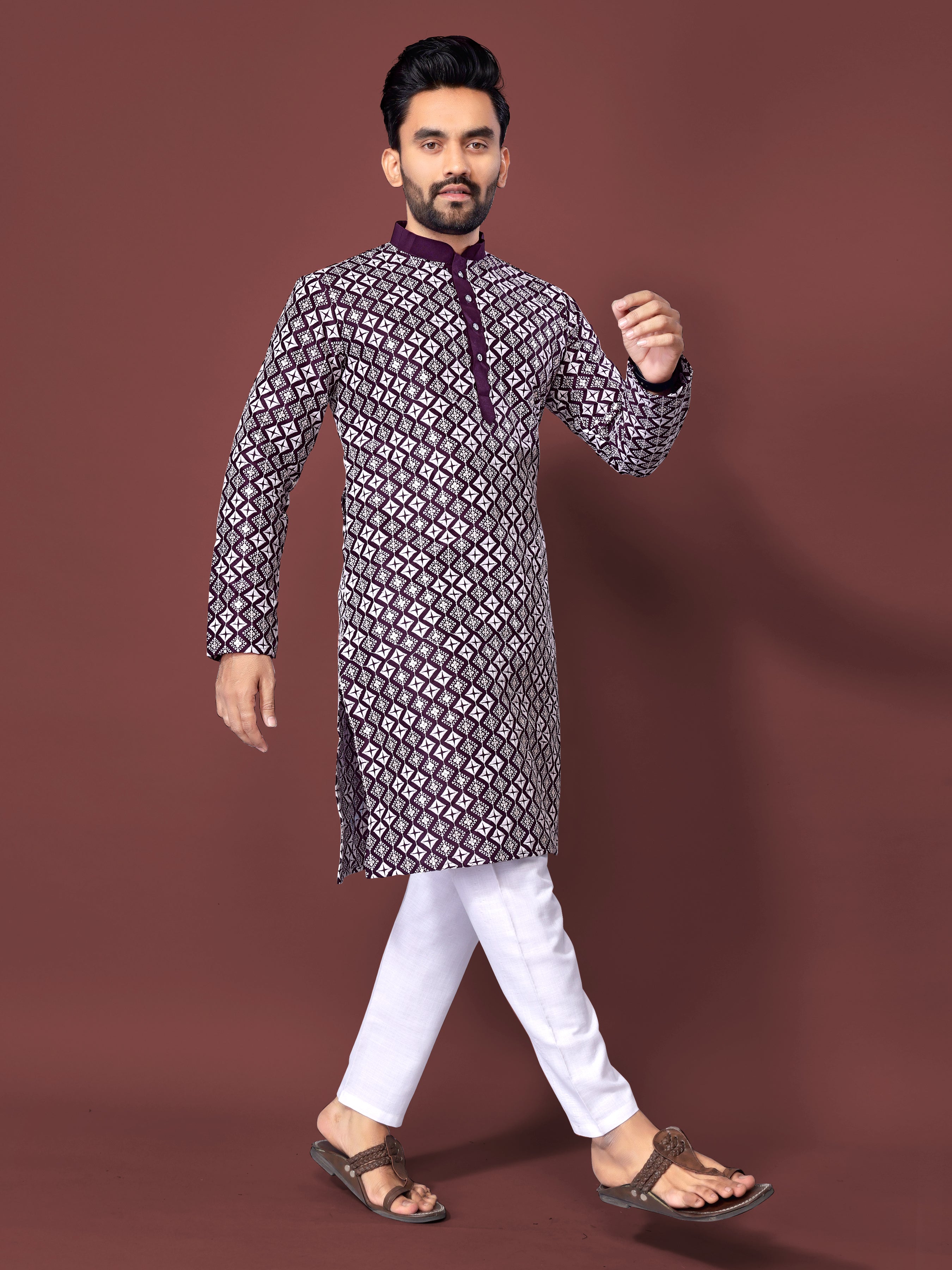 Heavy Work Men's Kurta Pajama In Wine Soft Silk With Sequence Embroidery