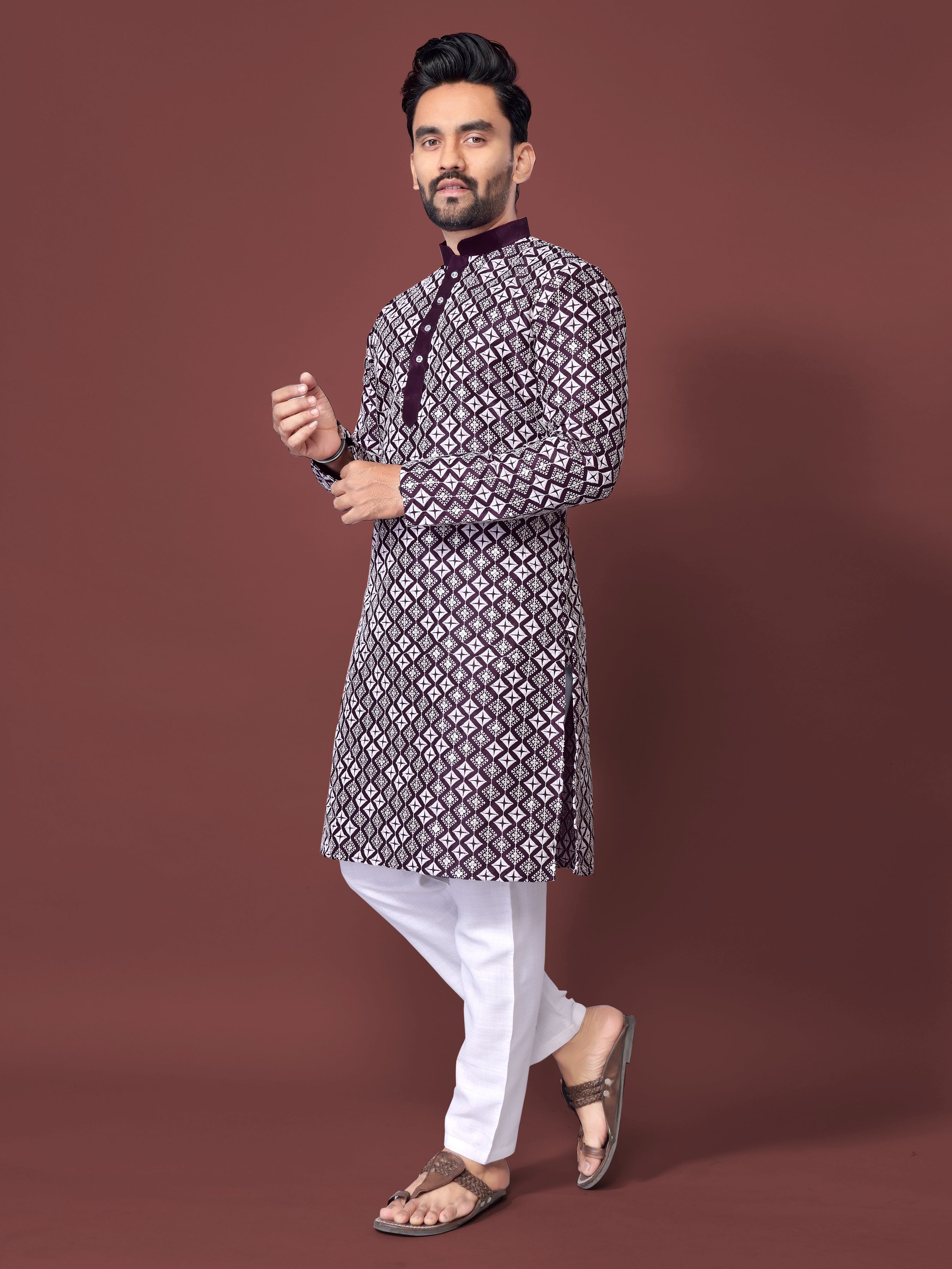 Heavy Work Men's Kurta Pajama In Wine Soft Silk With Sequence Embroidery