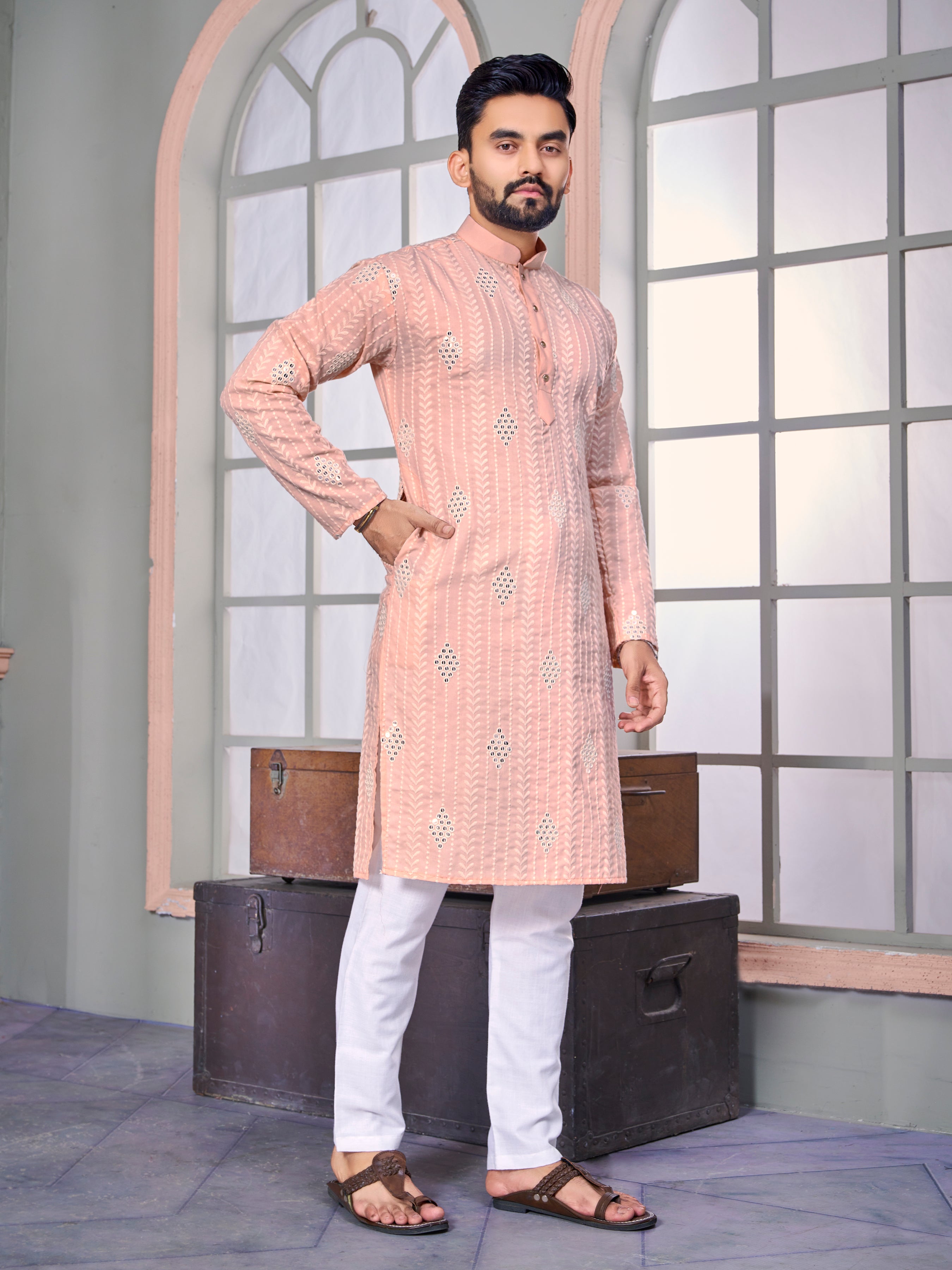 Royal Linen Mens Kurta With Embroidery Sequins Work Kurtas