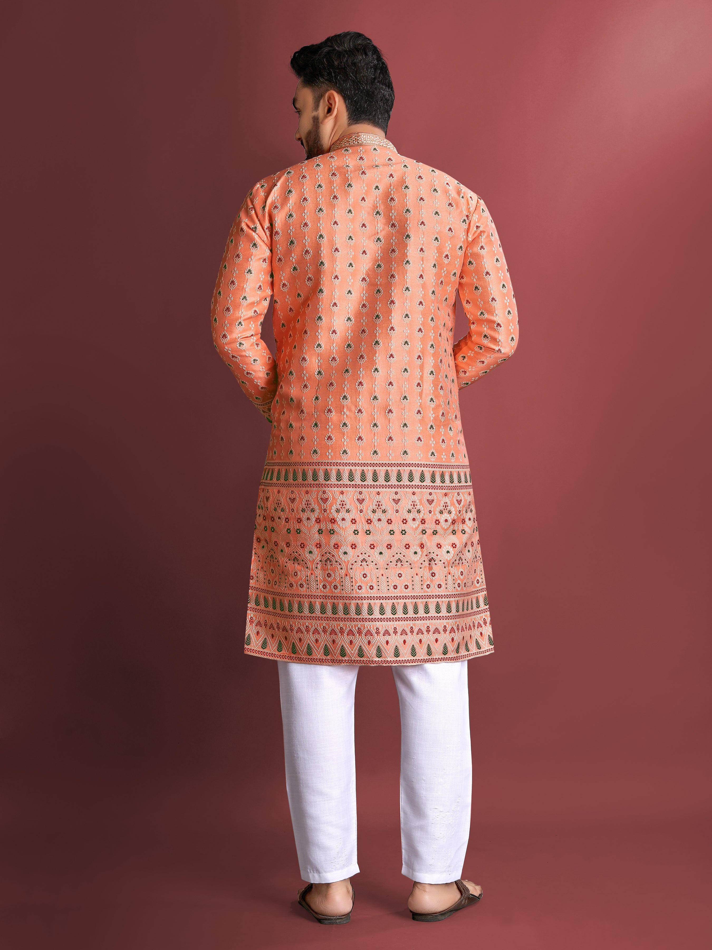 Peach Wedding Mens Kurta Pajama In Jacquard With Heavy Embossed Work