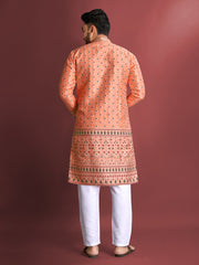 Peach Wedding Mens Kurta Pajama In Jacquard With Heavy Embossed Work