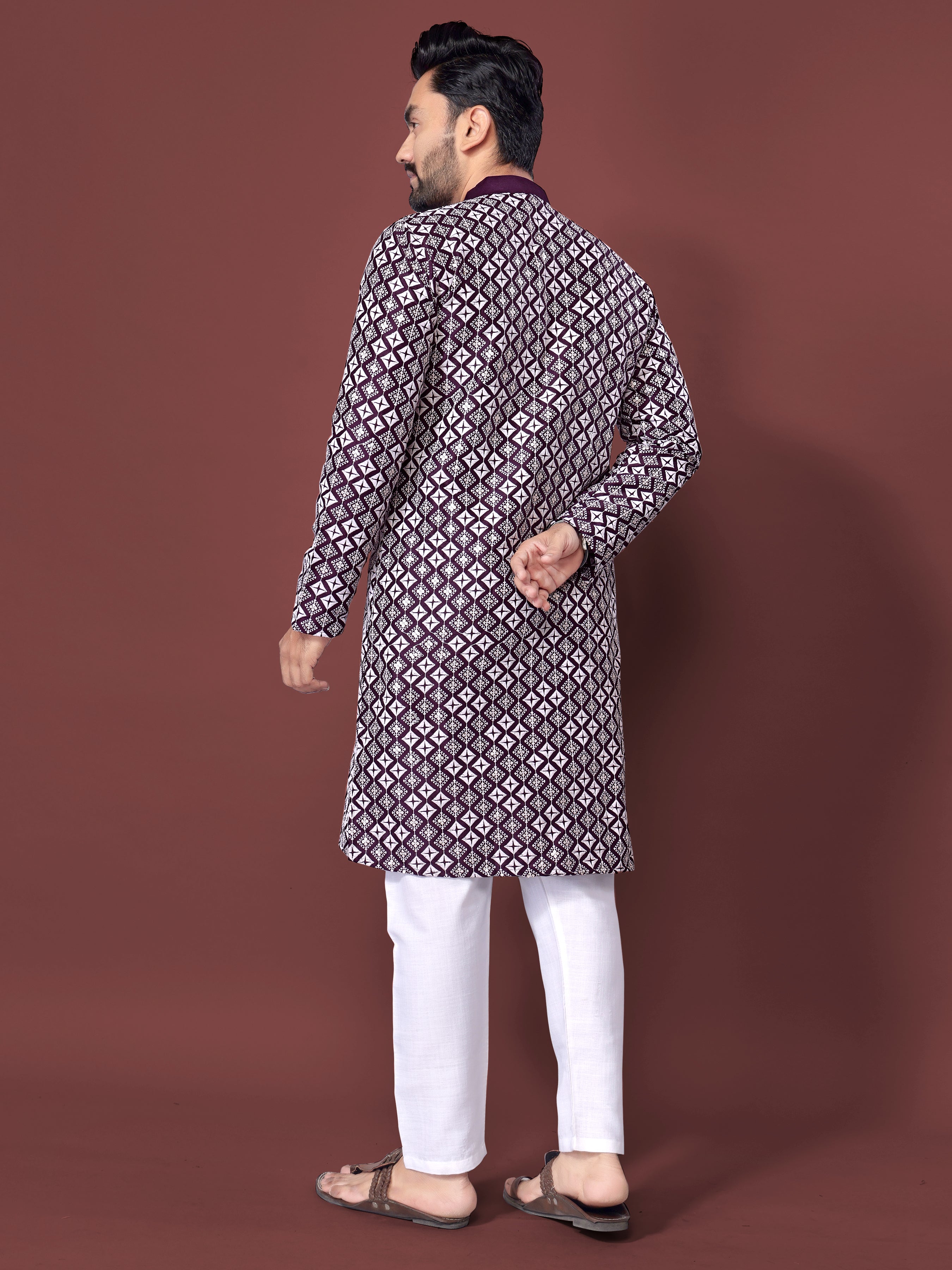 Heavy Work Men's Kurta Pajama In Wine Soft Silk With Sequence Embroidery