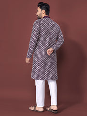 Heavy Work Men's Kurta Pajama In Wine Soft Silk With Sequence Embroidery