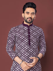 Heavy Work Men's Kurta Pajama In Wine Soft Silk With Sequence Embroidery