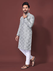 Heavy Work Men's Kurta Pajama In Grey Soft Silk With Sequence Embroidery