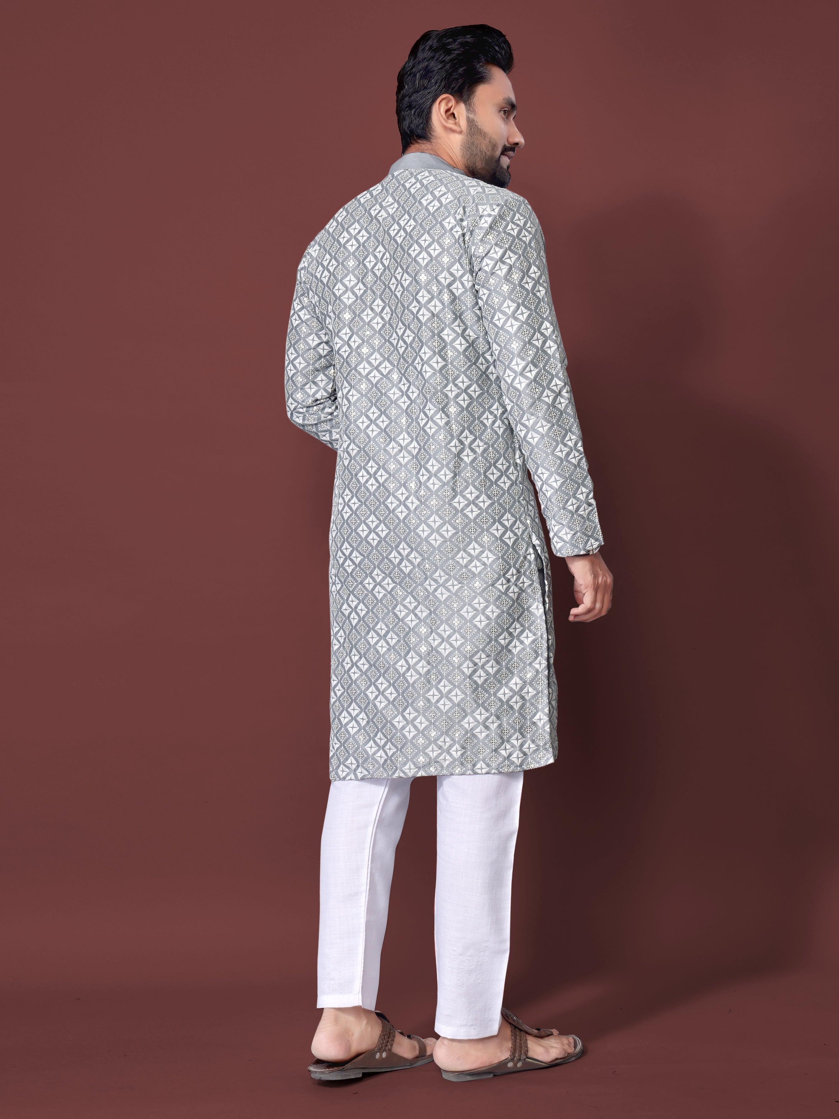 Heavy Work Men's Kurta Pajama In Grey Soft Silk With Sequence Embroidery
