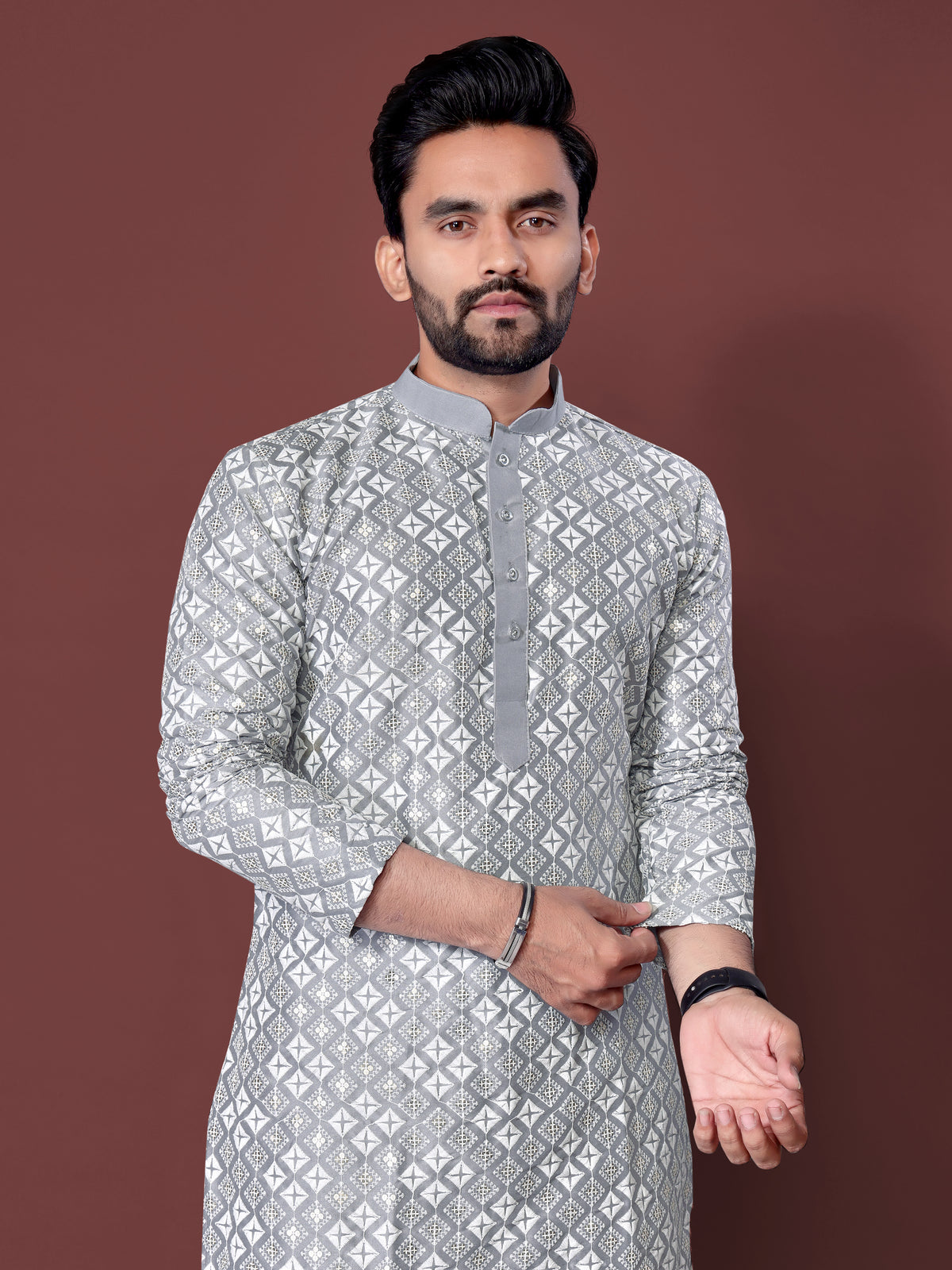 Heavy Work Men's Kurta Pajama In Grey Soft Silk With Sequence Embroidery