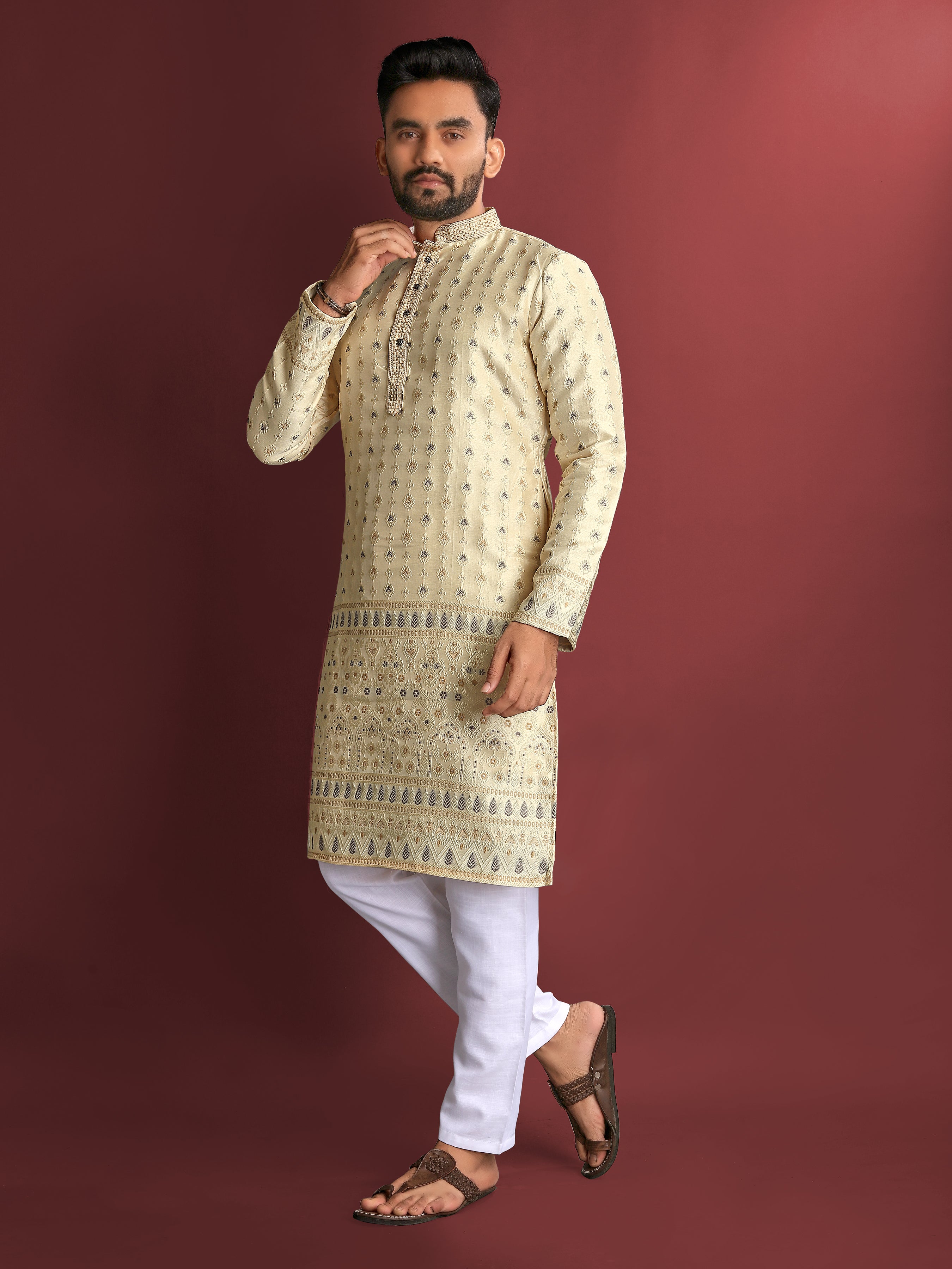 Light Yellow Wedding Mens Kurta Pajama In Jacquard With Heavy Embossed Work