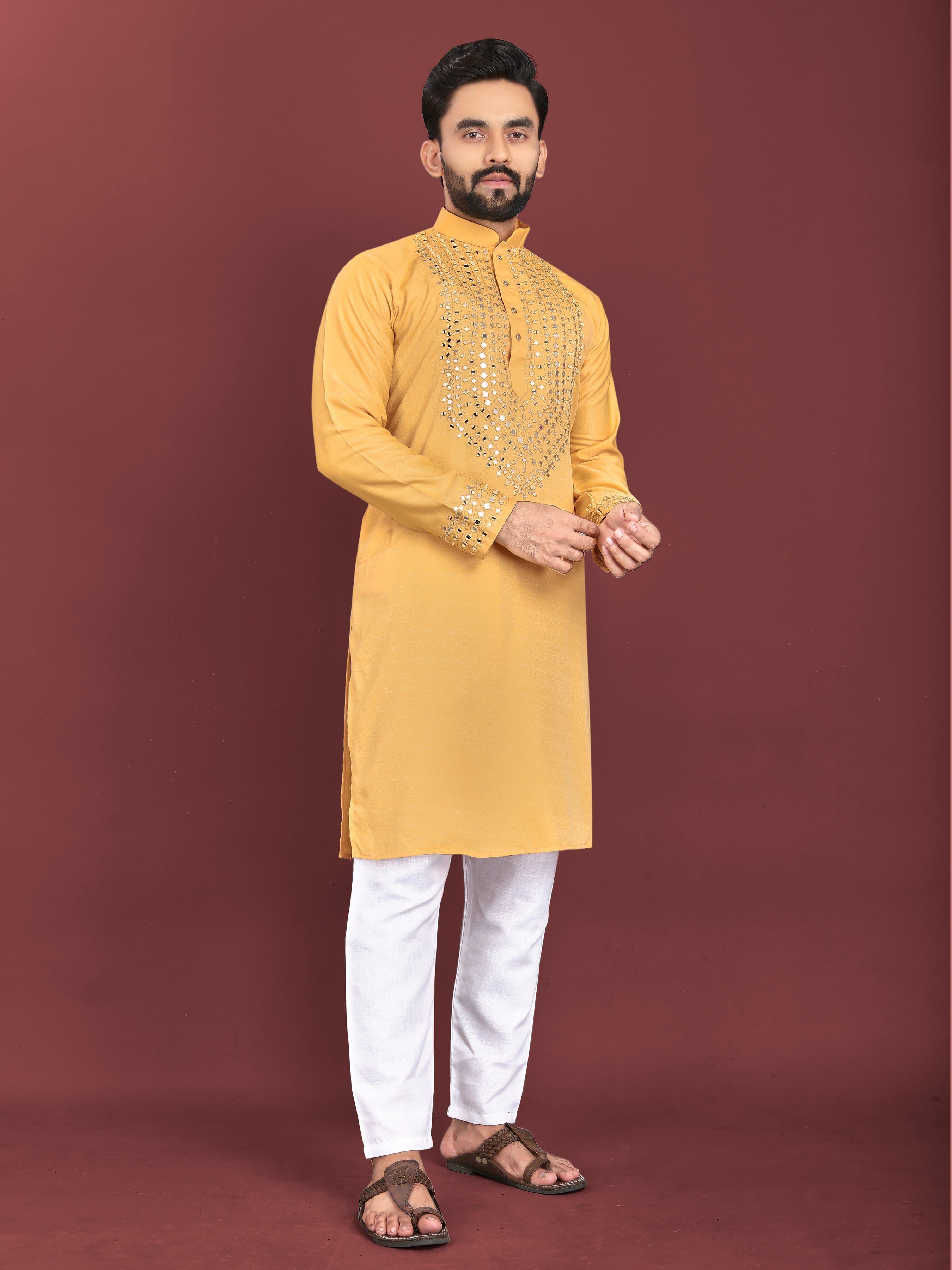 Yellow Color Men's Kurta Pajama Set In Soft Silk With Real Mirror Work On Neck