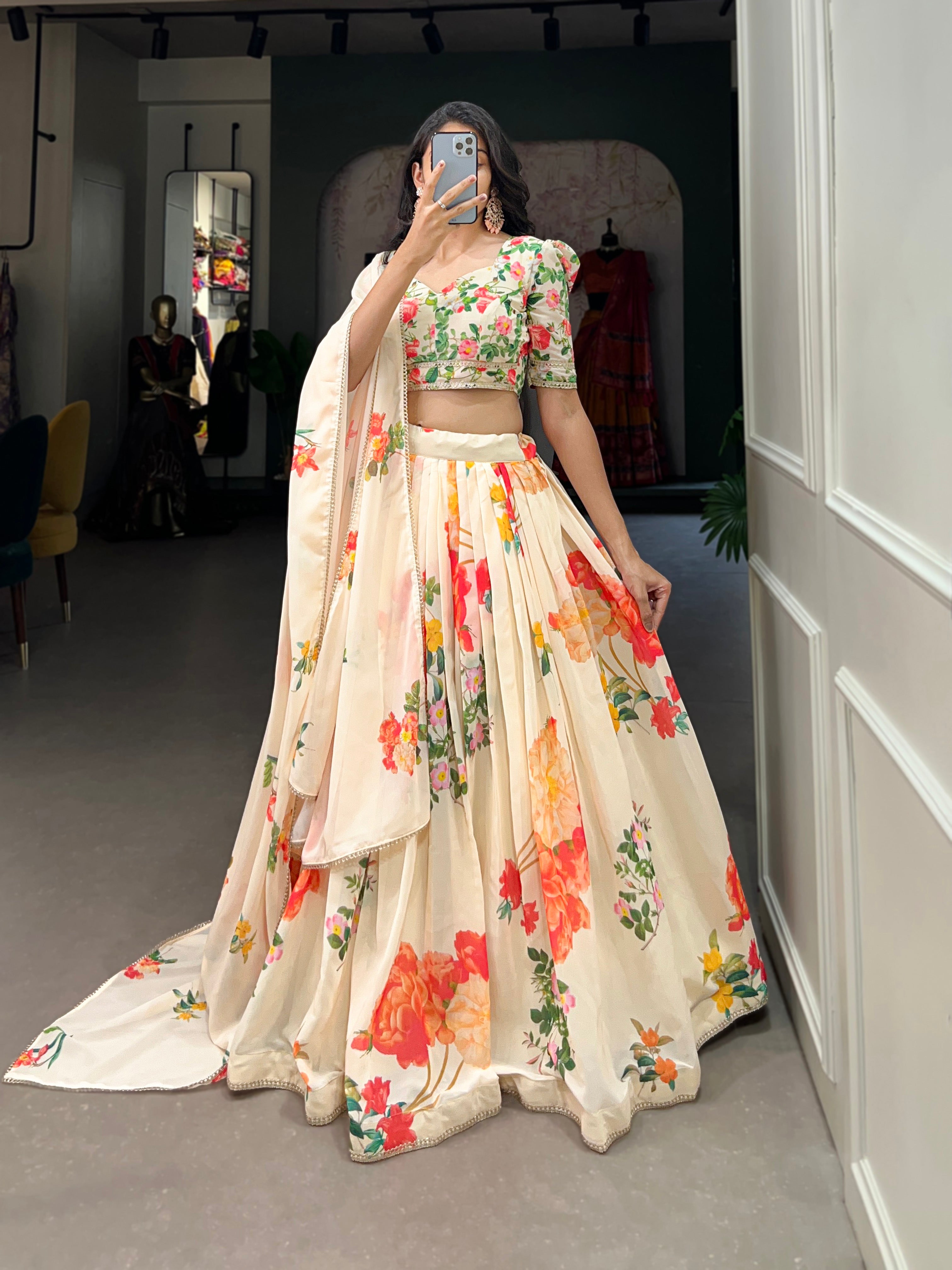 Cream Color Floral Lehenga Choli In Georgette With Blouse And Dupatta