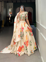 Cream Color Floral Lehenga Choli In Georgette With Blouse And Dupatta