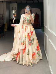 Cream Color Floral Lehenga Choli In Georgette With Blouse And Dupatta