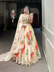 Cream Color Floral Lehenga Choli In Georgette With Blouse And Dupatta