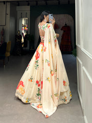Cream Color Floral Lehenga Choli In Georgette With Blouse And Dupatta
