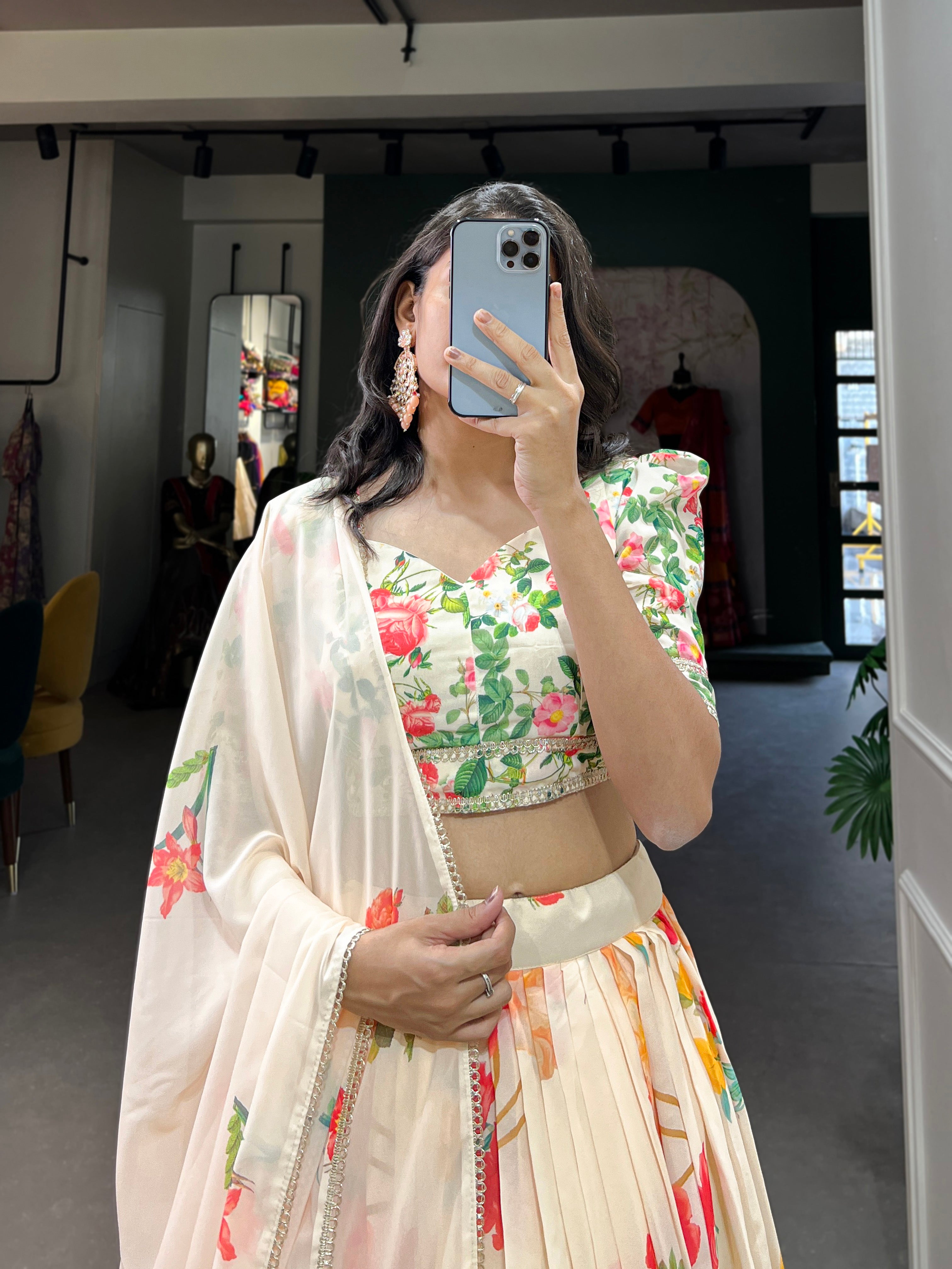 Cream Color Floral Lehenga Choli In Georgette With Blouse And Dupatta