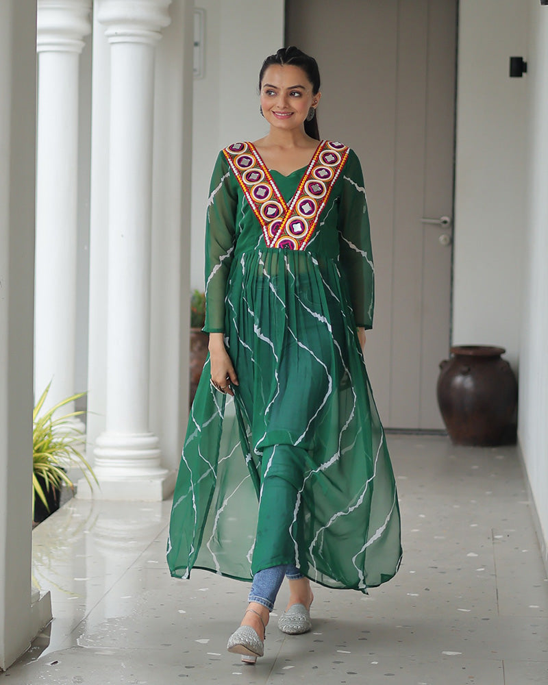 Designer Green Color Faux Georgette Kutchi Work Navratri Kurti