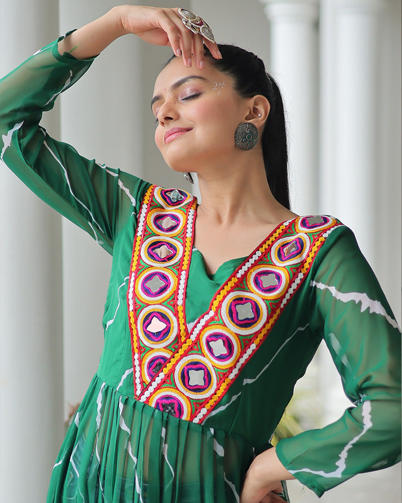 Designer Green Color Faux Georgette Kutchi Work Navratri Kurti
