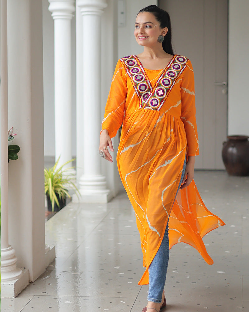 Designer Yellow Color Faux Georgette Kutchi Work Navratri Kurti