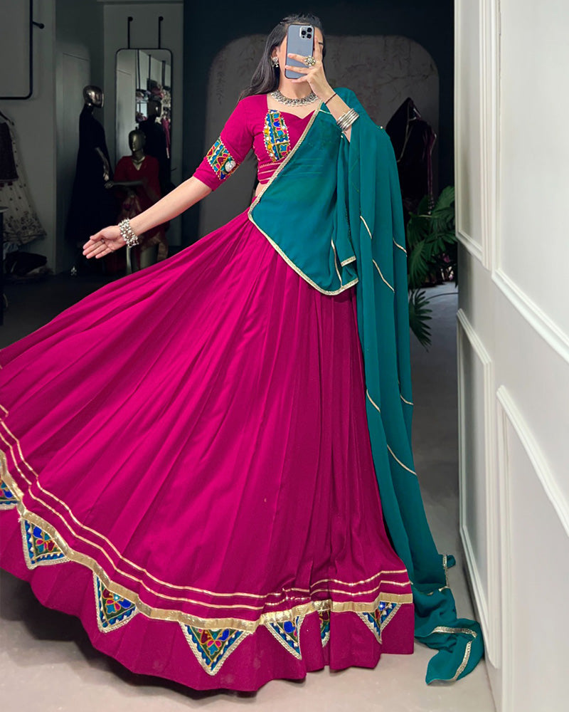ELEGANT PINK COLOR RAYON LEHENGA CHOLI WITH COLORFUL GAMTHI PATCH