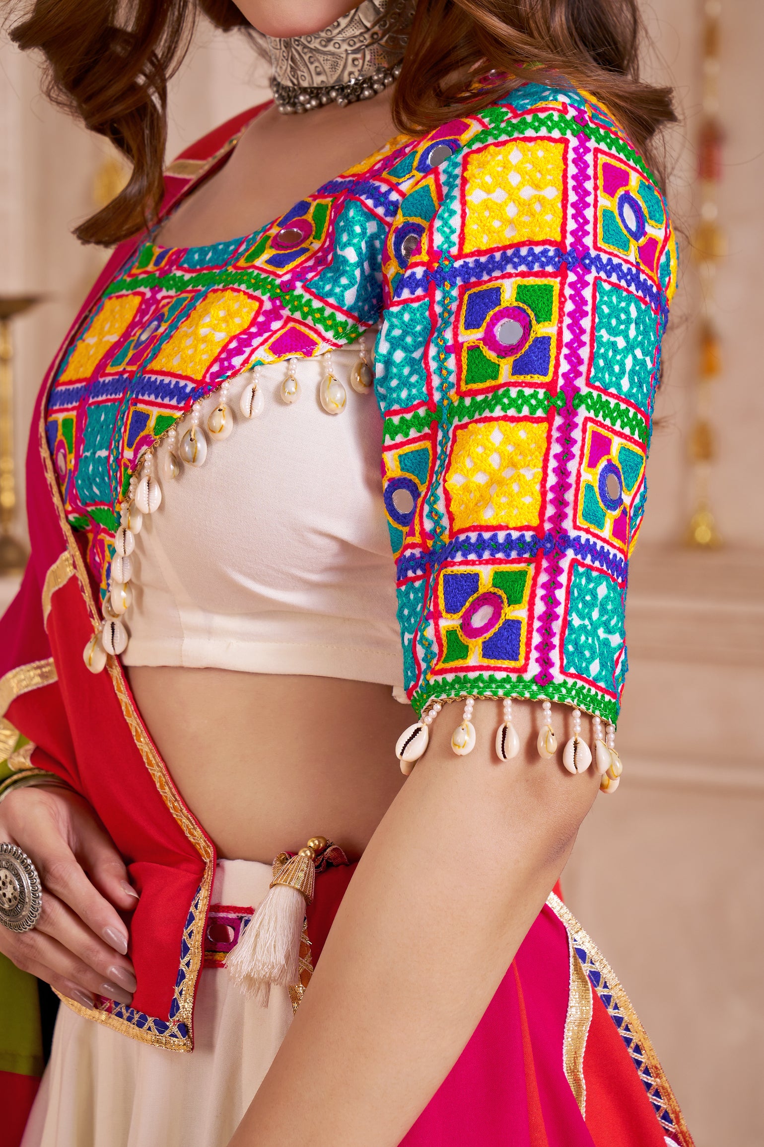ALLURING MULTI-COLOR COTTON EMBROIDERED NAVRATRI WEAR LEHENGA CHOLI
