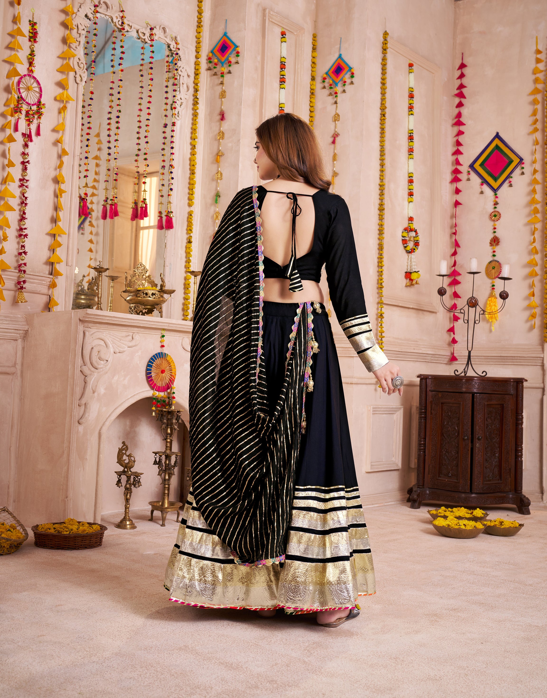 SPECTACULAR BLACK COTTON LACE WORK FESTIVAL WEAR LEHENGA CHOLI