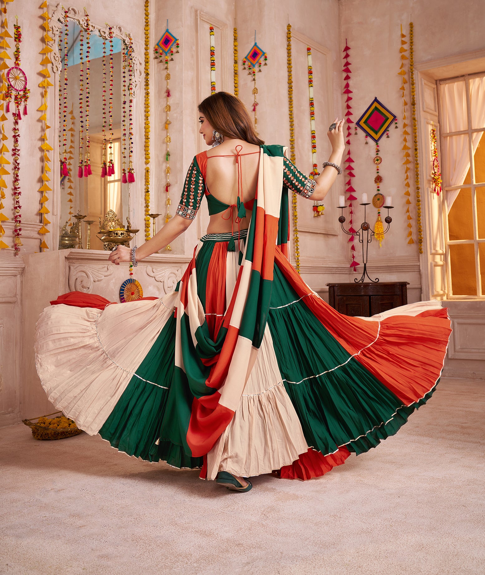 STYLISH MULTI-COLOR COTTON KUTCHI WORK FESTIVAL WEAR LEHENGA CHOLI