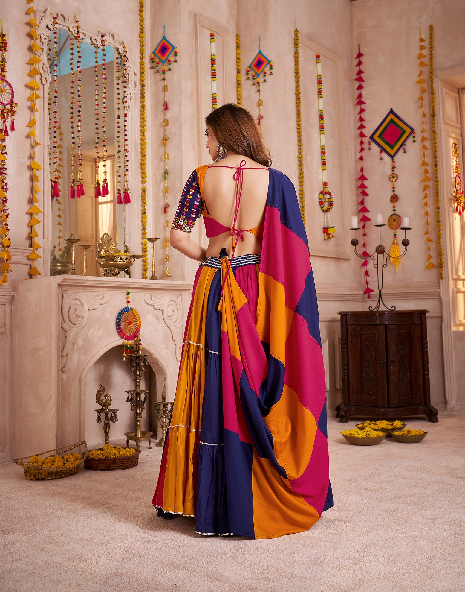 ATTRACTIVE MULTI-COLOR COTTON MIRROR WORK NAVRATRI WEAR LEHENGA CHOLI