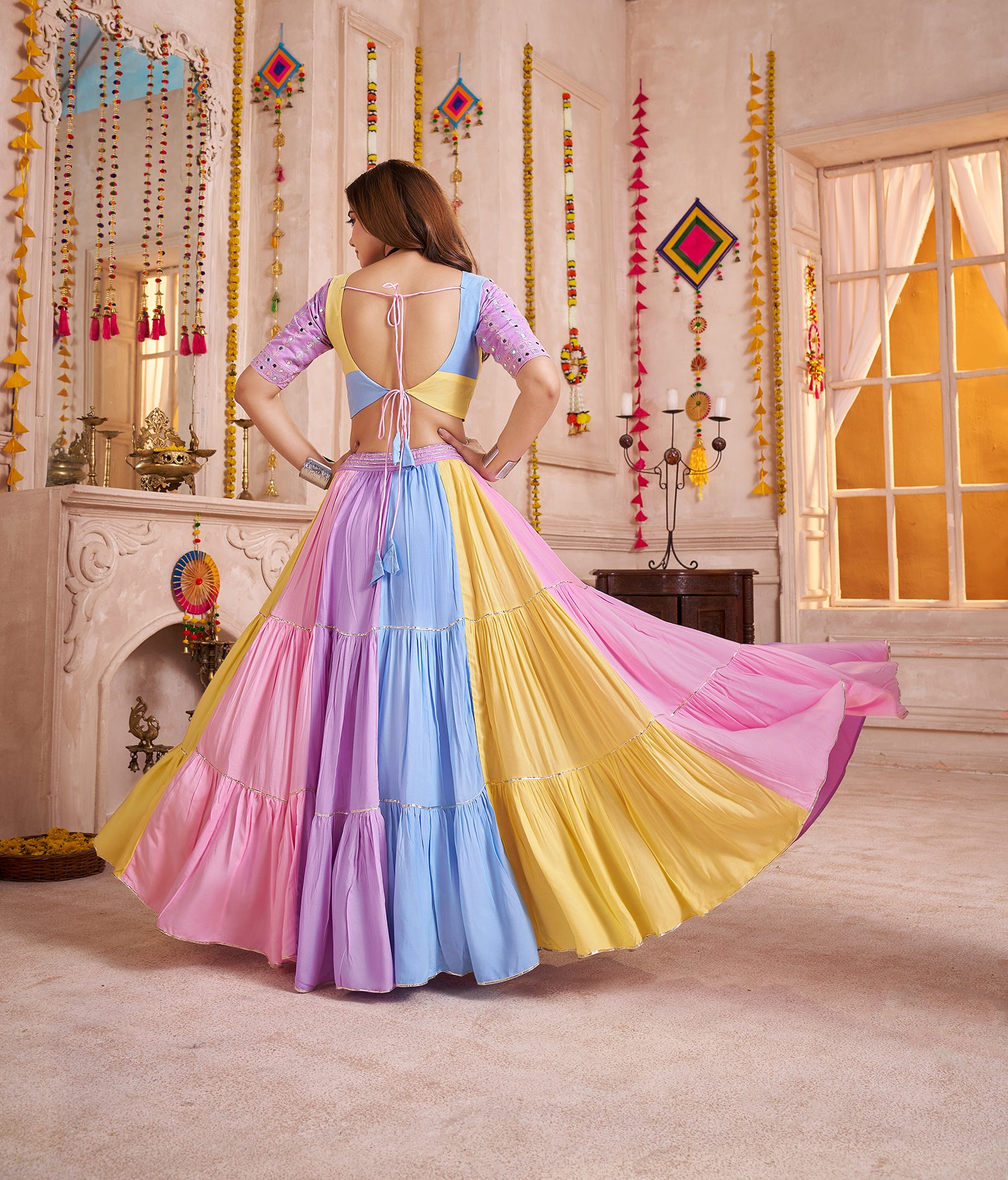 ASTONISHING MULTI-COLOR COTTON MIRROR WORK LEHENGA CHOLI WITH DUPATTA
