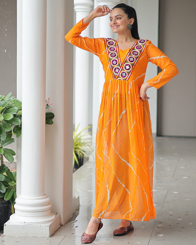 Designer Yellow Color Faux Georgette Kutchi Work Navratri Kurti