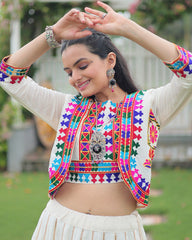Elegant Off-White Mirror Work Navratri Lehenga With Jacket Style Blouse