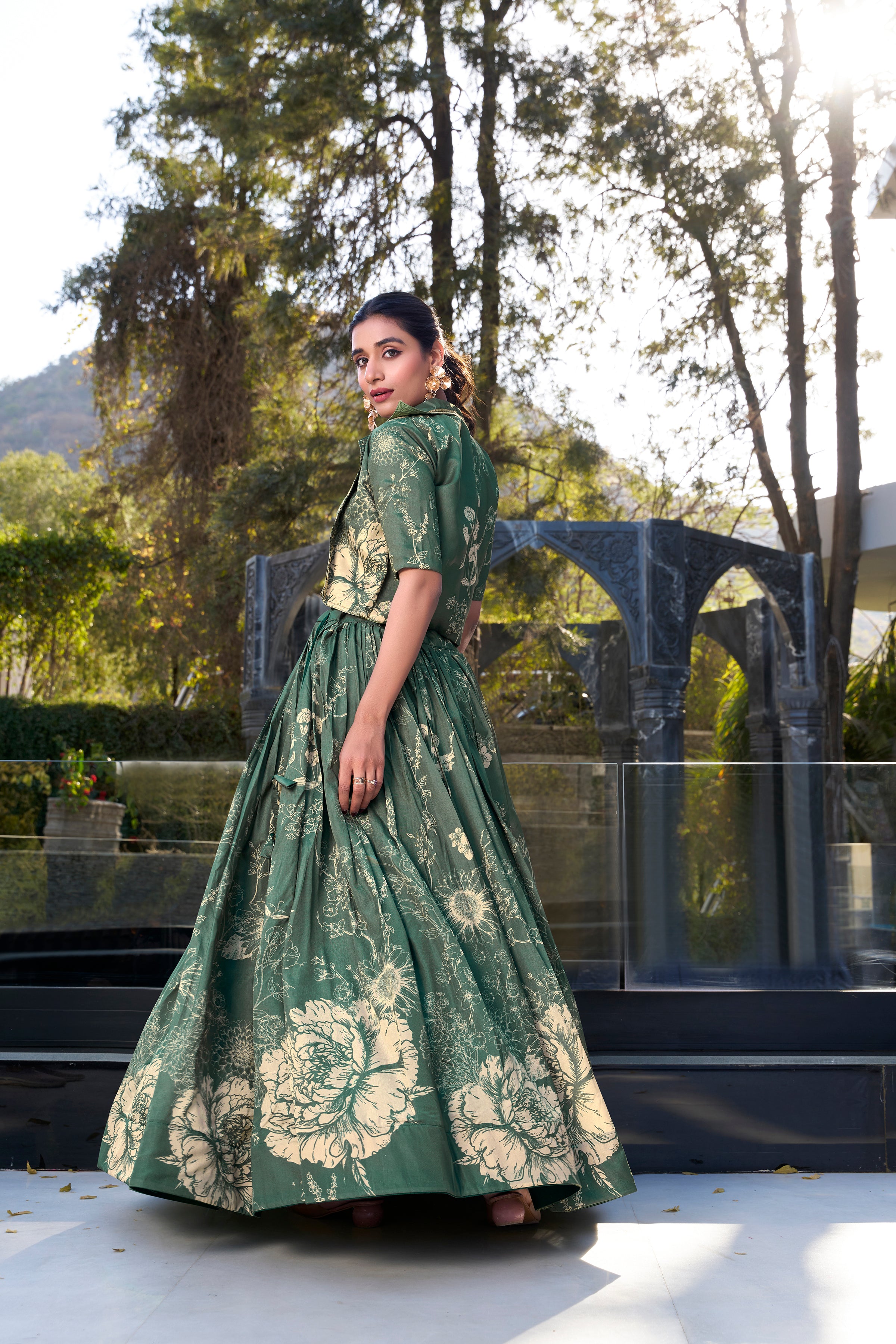 Bottle Green Floral Print Tussar Silk Co-ord Set Lehenga Choli