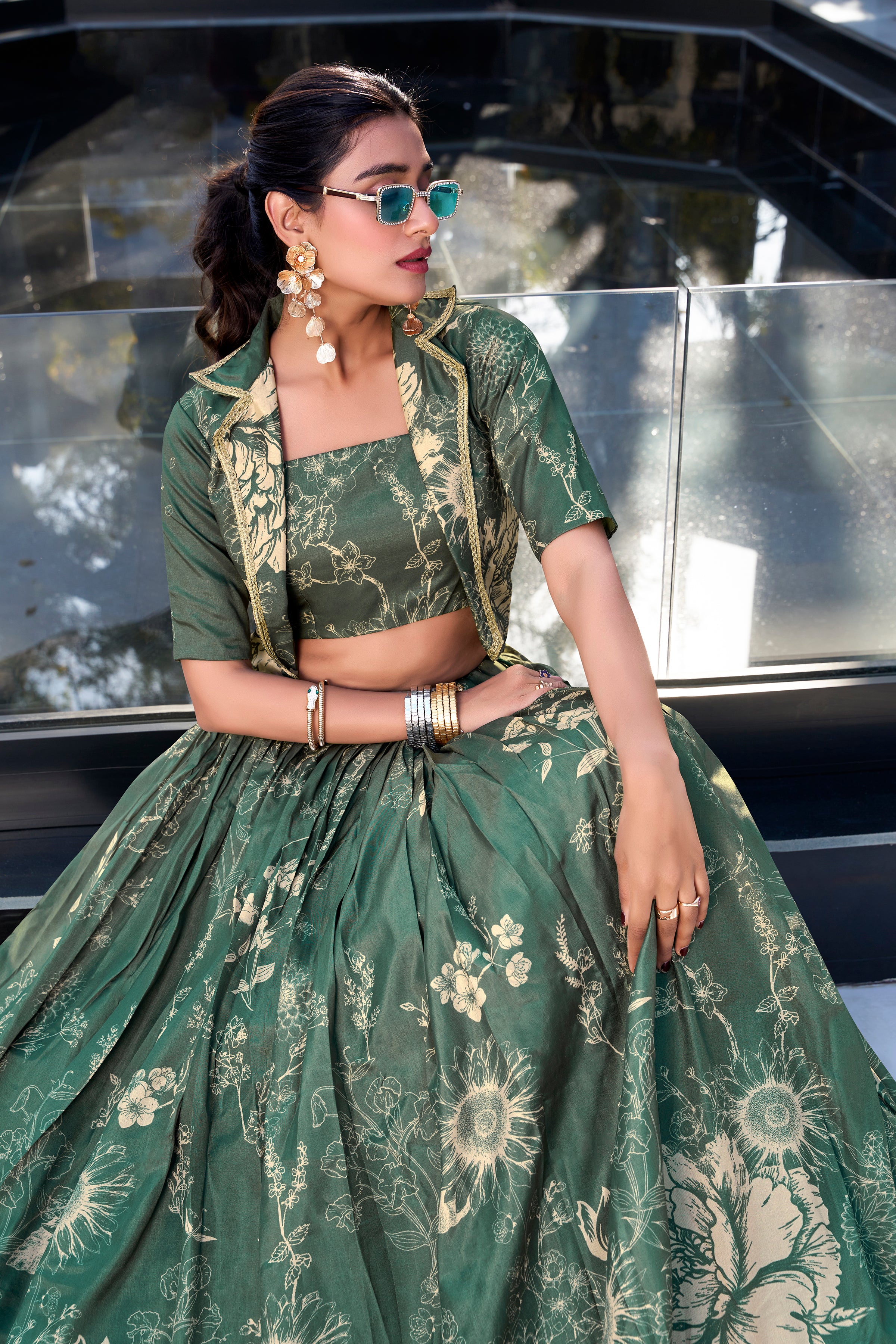 Bottle Green Floral Print Tussar Silk Co-ord Set Lehenga Choli