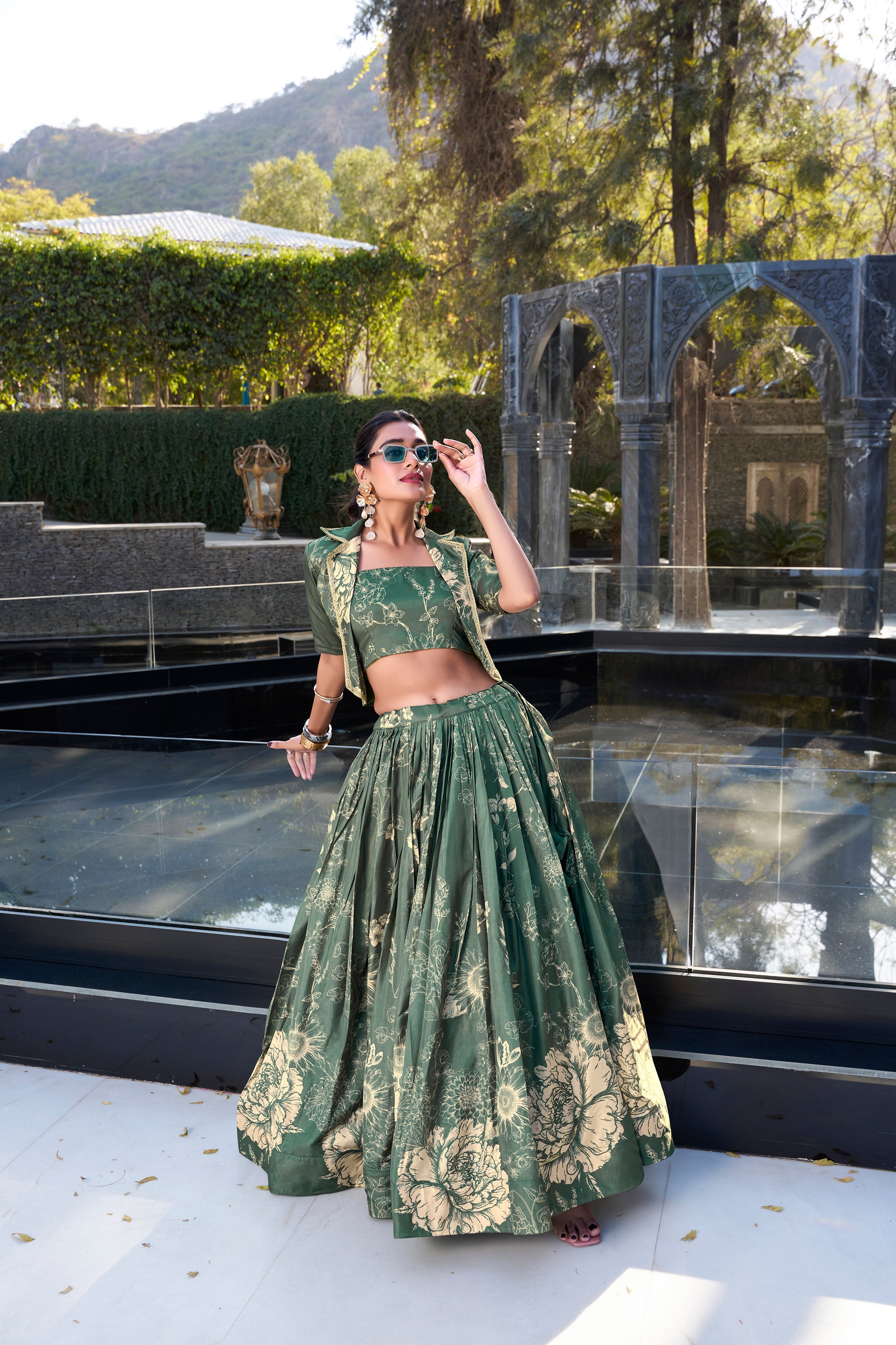 Bottle Green Floral Print Tussar Silk Co-ord Set Lehenga Choli